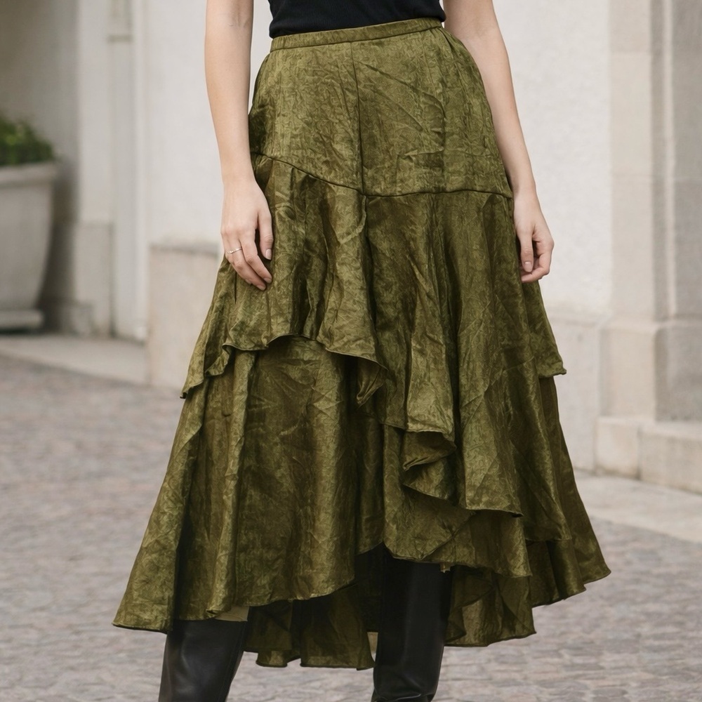 NEW Size ITA XL Rossi Roma Silk Blend Tiered Ruffled Maxi Skirt Made in Italy